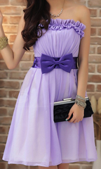 Sweet Style Solid Bowknot Embellished Low-Cut Short Dress For Women PRUPLE