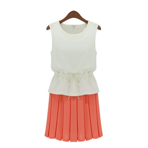 Color Block Sleeveless Scoop Neck Chiffon Ladylike Style Women's Dress WHITE