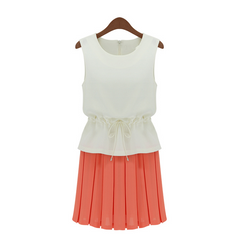 Color Block Sleeveless Scoop Neck Chiffon Ladylike Style Women's Dress WHITE