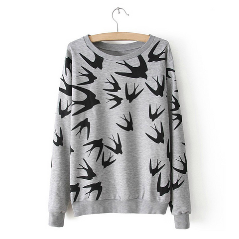 Casual Style Round Neck Swallow Print Contrast Color Long Sleeve Sweater For Women GRAY
