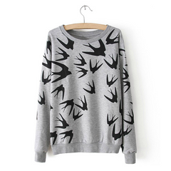 Casual Style Round Neck Swallow Print Contrast Color Long Sleeve Sweater For Women GRAY