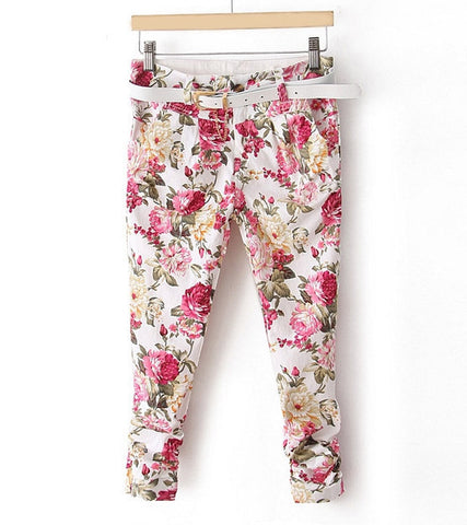 Pastoral Style Ruffled Floral Print Zipper Up Pockets Design Slimming Denim Women's Pants PINK