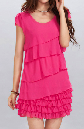 Short Sleeves Scoop Neck Beam Waist Multi-layered Asymmetric Flounces Ladylike Women's Dress