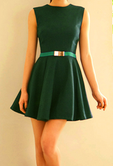Zipper Sleeveless Simple Style Polyester Round Neck Women's Dress GREEN