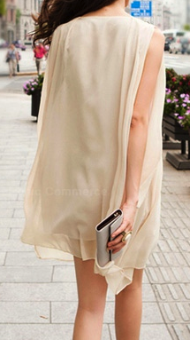 Women's Apricot Chiffon Refreshing Dress With Shoulder Board Sleeveless Scoop Neck Casual Design