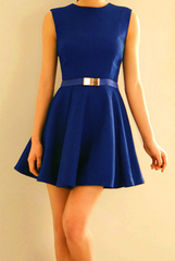 Zipper Sleeveless Simple Style Polyester Round Neck Women's Dress BLUE