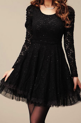 Long Sleeves Sweet Style Scoop Neck Polyester Lace Splicing Women's Dress BLACK