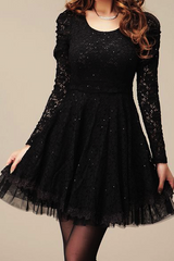Long Sleeves Sweet Style Scoop Neck Polyester Lace Splicing Women's Dress BLACK