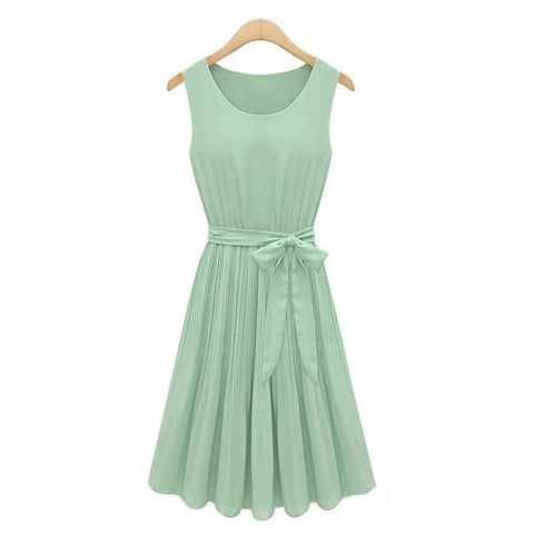 Fresh Ladylike Style Scoop Neck Pleated Waisted Design Sleeveless Women's Dress LIGHT GREEN