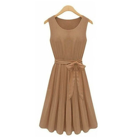 Fresh Ladylike Style Scoop Neck Pleated Waisted Design Sleeveless Women's Dress BROWN