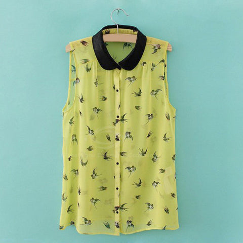 Chiffon Color Block Polo Collar Sleeveless Refreshing Style Women's Blouse