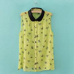 Chiffon Color Block Polo Collar Sleeveless Refreshing Style Women's Blouse