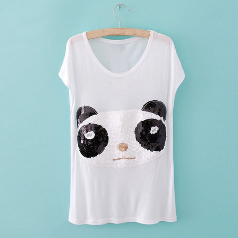 Animal Print Sequin Scoop Neck Short Sleeves Casual Style Cotton Blend Women's T-Shirt WHITE