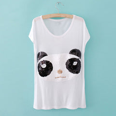 Animal Print Sequin Scoop Neck Short Sleeves Casual Style Cotton Blend Women's T-Shirt WHITE
