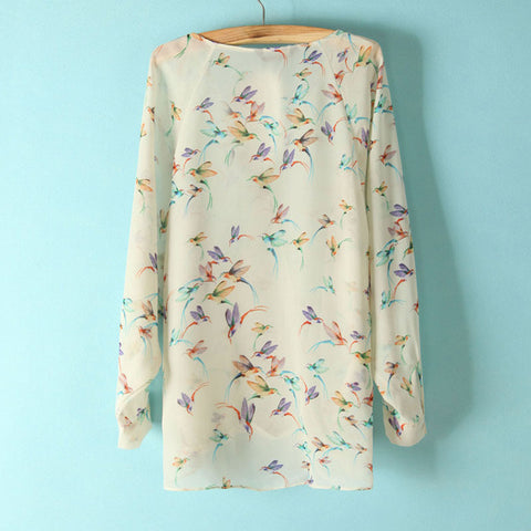 Women's Blouse Shirt Long Sleeves Chiffon Bird Print