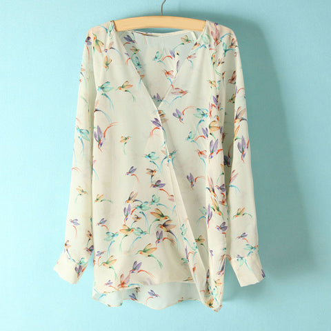 Women's Blouse Shirt Long Sleeves Chiffon Bird Print