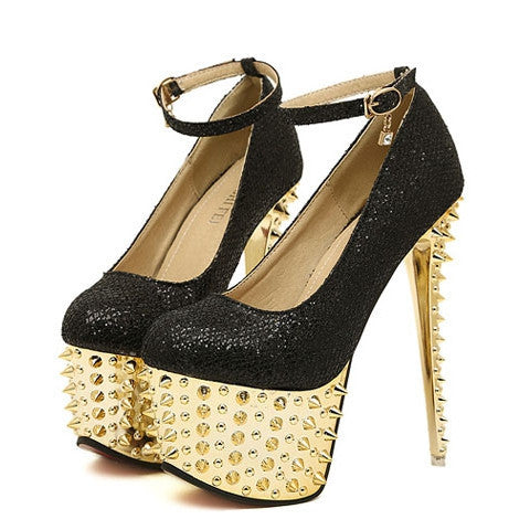 Party and Wedding Sexy Gold High Heels and Rivets Design Women's Pumps BLACK