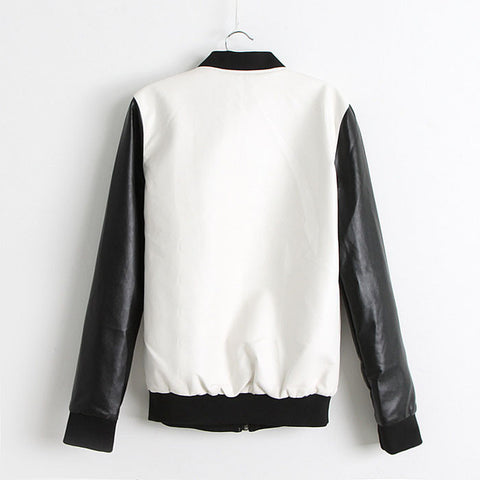 Women's Jacket Stand Collar Zipper Pockets Faux PU Leather