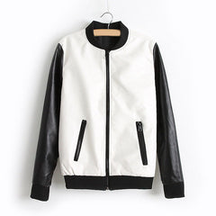 Women's Jacket Stand Collar Zipper Pockets Faux PU Leather