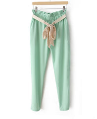 Casual Style Ruffled Lacework Embellished Elastic High Waist Pockets Design Polyester Women's Ninth Pants GREEN