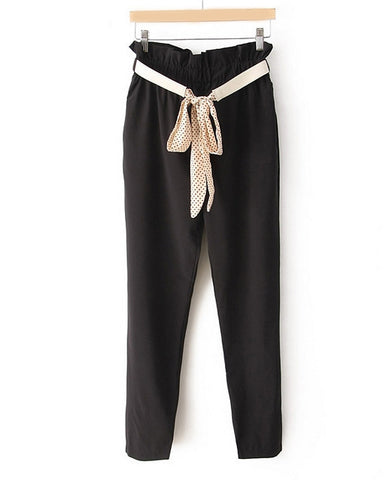 Casual Style Ruffled Lacework Embellished Elastic High Waist Pockets Design Polyester Women's Ninth Pants BLACK