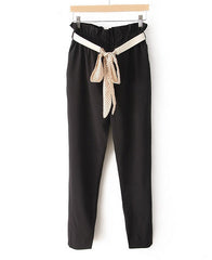 Casual Style Ruffled Lacework Embellished Elastic High Waist Pockets Design Polyester Women's Ninth Pants BLACK