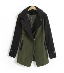 Women's Long Coat Color Block Worsted Long Sleeves Tailored Collar ARMY GREEN