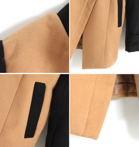 Women's Long Coat Color Block Worsted Long Sleeves Tailored Collar KHAKI