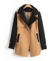 Women's Long Coat Color Block Worsted Long Sleeves Tailored Collar KHAKI