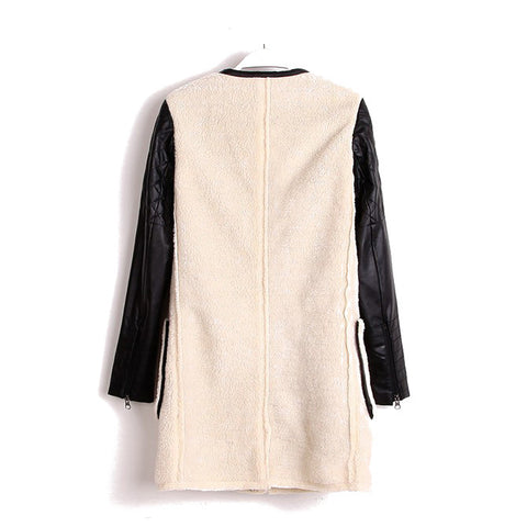 Women's Coat Zipper Round Neck PU Leather Long Sleeved