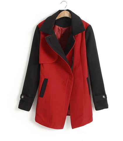 Women's Long Coat Color Block Worsted Long Sleeves Tailored Collar RED