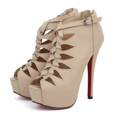 Party Stylish Hollow Out and Zipper Design Women's Peep Toed Shoes APRICOT