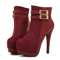 Mature Buckle and Splice Design Women's Short Boots WINE RED