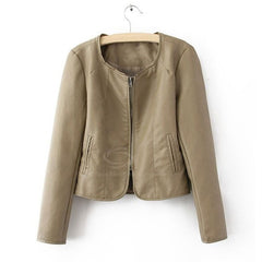 Scoop Neckline Casual Stylish Solid Color Zipper Long Sleeve PU Leather Women's Jacket