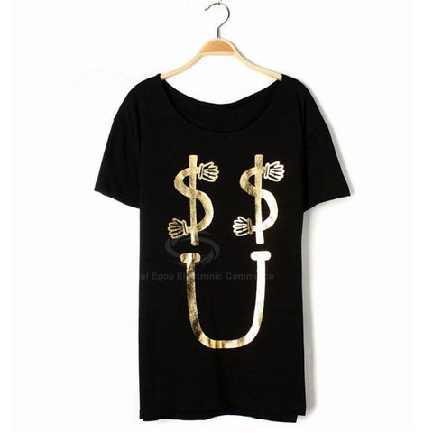 Casual Loose-Fitting Scoop Neck Golden Letter Print Black Women's T-Shirt