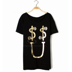 Casual Loose-Fitting Scoop Neck Golden Letter Print Black Women's T-Shirt