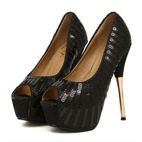 Elegant Style Sexy Gold High Heels and Sequins Design Women's Peep Toed Shoes BLACK