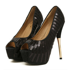 Elegant Style Sexy Gold High Heels and Sequins Design Women's Peep Toed Shoes BLACK