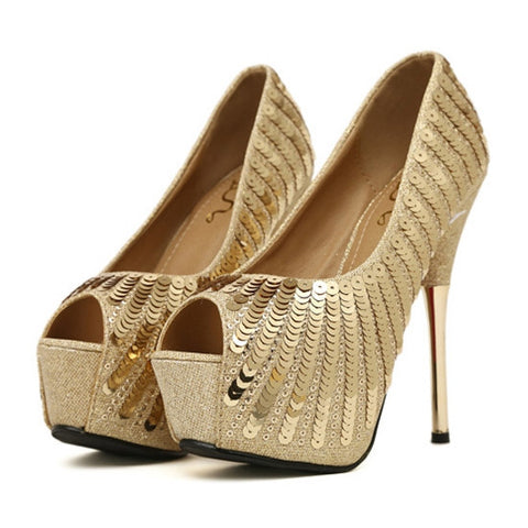 Elegant Style Sexy Gold High Heels and Sequins Design Women's Peep Toed Shoes GOLD