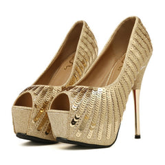 Elegant Style Sexy Gold High Heels and Sequins Design Women's Peep Toed Shoes GOLD