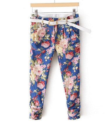 Pastoral Style Ruffled Floral Print Zipper Up Pockets Design Slimming Denim Women's Pants BLUE