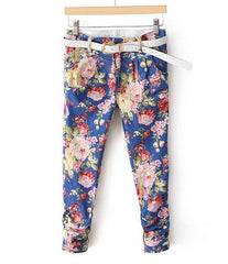 Pastoral Style Ruffled Floral Print Zipper Up Pockets Design Slimming Denim Women's Pants BLUE