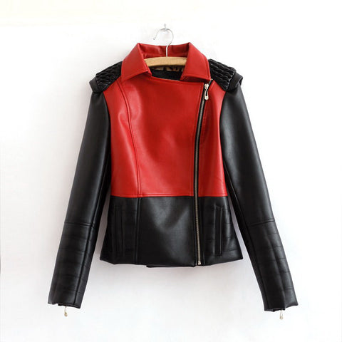 Jacket for Women Turn-Down Collar Faux Leather RED