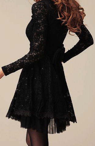 Long Sleeves Sweet Style Scoop Neck Polyester Lace Splicing Women's Dress BLACK