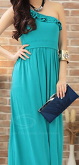 Elegant Off-One-Shoulder Ruffle And Rhinestone Decorated Strap Milk Silk Women's Maxi Dress LAKE BLUE