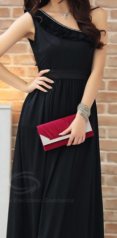 Elegant Off-One-Shoulder Ruffle And Rhinestone Decorated Strap Milk Silk Women's Maxi Dress BLACK