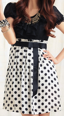 Sweet Scoop Neck Short Sleeves Ruffle Decoration Polka Dots Hem Chiffon Women's Dress BLACK