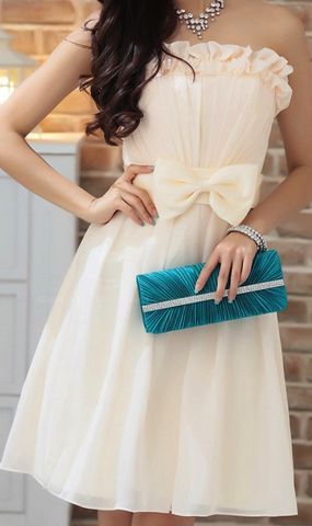 Sweet Style Solid Bowknot Embellished Low-Cut Short Dress For Women APRICOT