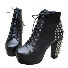 Stylish Elegant Solid Color Lace-Up Rivets Chunky Heel Design Women's Boots
