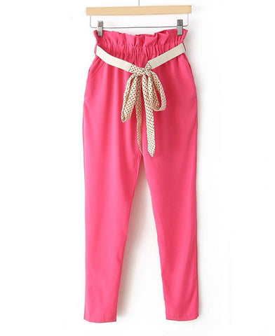Style Ruffled Lacework Embellished Elastic High Waist Pockets Design Polyester Women's Ninth Pants ROSE